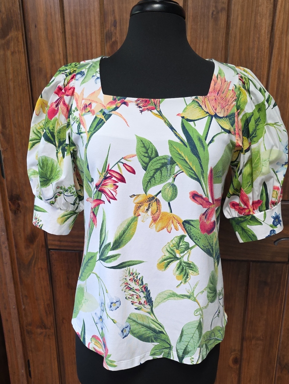 Chicos Floral Square-Neck Puff Sleeve Top - Size 8 (Chicos 1)